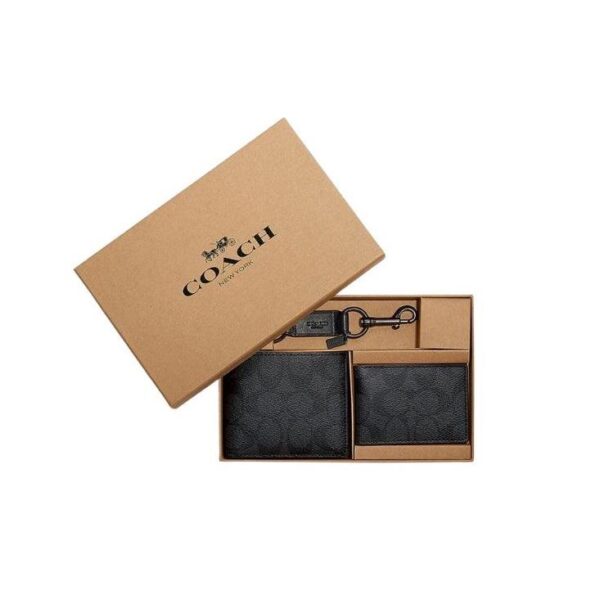 COACH - COACH BOXED 3 IN 1 WALLET GIFT SET WITH KEY FOB - CHARCOAL BLACK