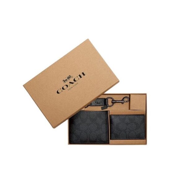 COACH - COACH BOXED 3 IN 1 WALLET GIFT SET WITH KEY FOB - CHARCOAL BLACK