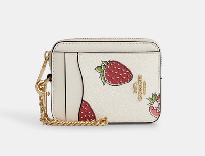 COACH ZIP CARD CASE WHITH STRAWBERRY PRINT - CHALK